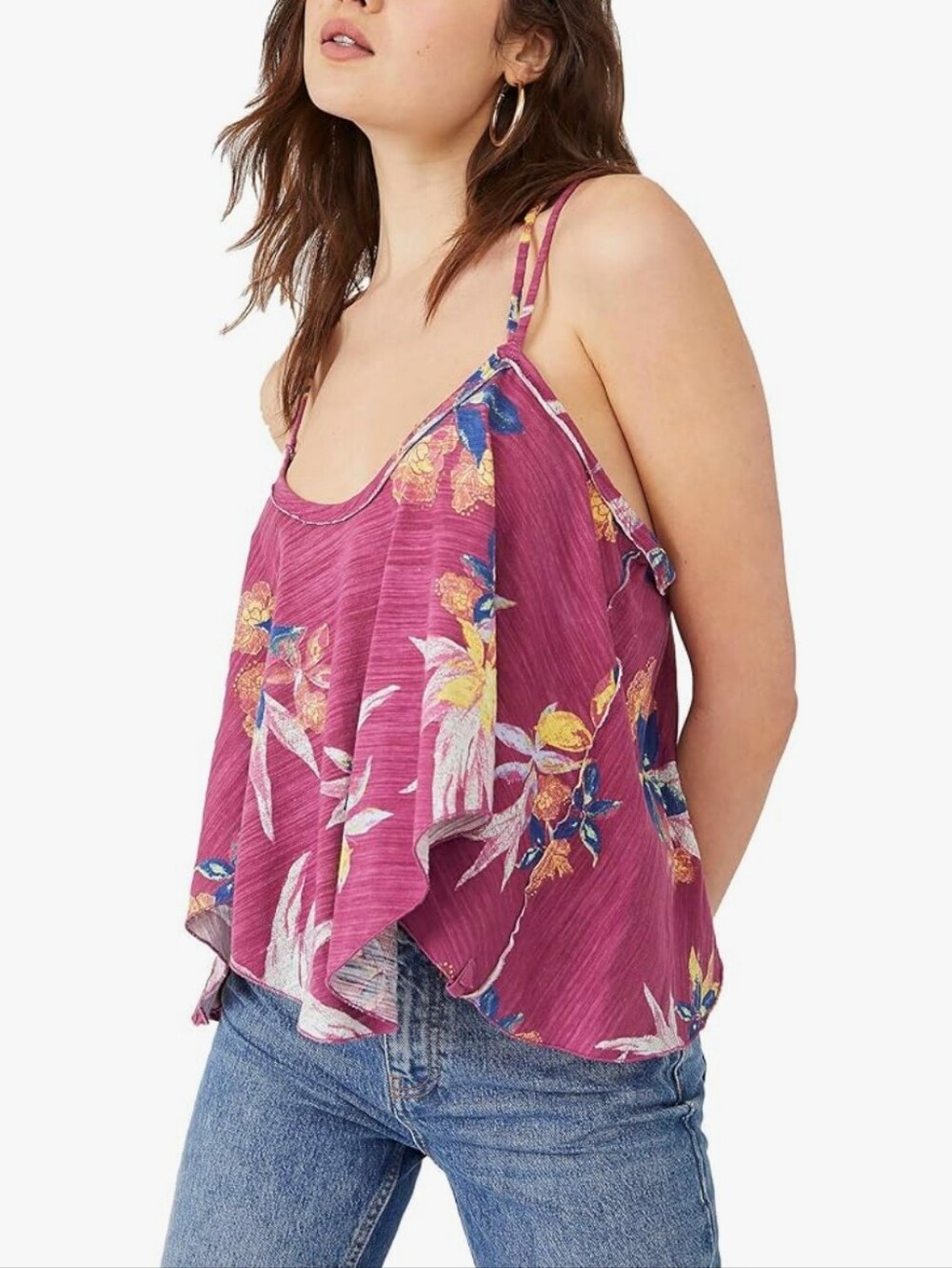 Free People We The Free Hey Girl Cotton Tank Top XS Pink Floral Beachy Relaxed
